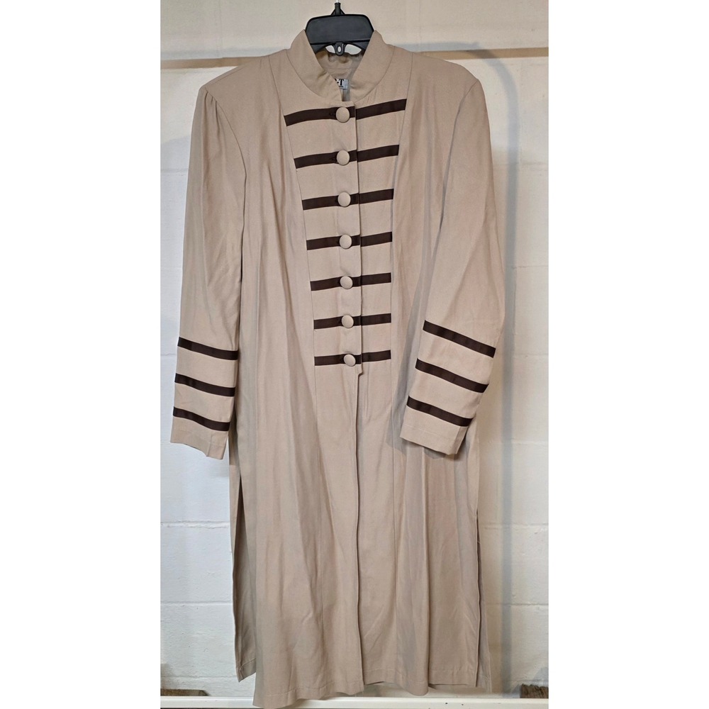 Vintage J.R.T. Newport News Beige Military Duster Coat Stripe Mandarin Collar 12
